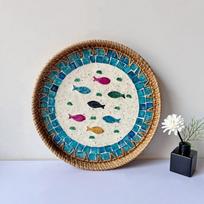 Rankų darbo rotango padėklas su kriauklių mozaika, dekoratyvinė sieninė lėkštė, kūrybiška dovana, boho stalo padėklas C3 28*3cm