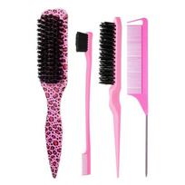 4 piece Slick Back Hair Brush for Smooth Ponytails Bun Edge Control Baby Hairs & Flyaways Teasing Backcombing Bristles Tool black