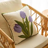 Pure Cotton Embroidery Tulip Spring Throw Pillow Covers Outdoor Patio Cushion Cover Pillow Cases Summer Garden Decorations Home 450*450mm beige
