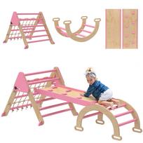 8-in-1 Children's Climbing Triangle with Double-Sided Ramp, Wooden Climbing Arch with Slide & Ladder, Pink