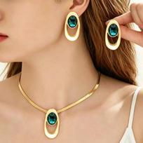 Trendy Herringbone Chain Black and Gold Oval Pendant Choker Double Layer Hollow Geometry Stud Earrings Fashion Outfits for Women