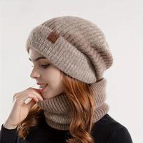 Winter Women's Two-tone Hat with Velvet Bib, Two-piece Knitted Hat, Thickened Warm Earmuff Beanie, Birthday, Valentine's Day, Ch gray