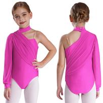 Mergaitei vieno peties šokio triko Sceninio pasirodymo kostiumas Su paaukštintu kaklu Ilgomis rankovėmis Raukšlėtas tinklinis viršutinis sluoksnis Bodis vaikams Gimnastikos 7-8 Years karšta rožinė spalva