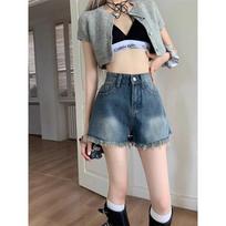 Nostalgic Blue Hottie Raw Edge Denim Shorts for Small Women Summer New Pear-shaped Figure High-waisted Hot Pants 3XL mėlyna