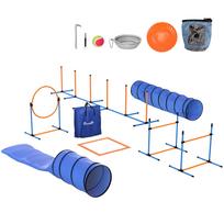 Agility rinkinys šunims, 11 dalių, su 2 tuneliais, šuolių lanku, barjerais ir slalomo stulpais, oranžinis