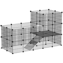 Aptvaras nykštukiniams triušiams ir jūrų kiaulytėms iš 39 plokščių, 2 aukštų su rampa, 140x70x105 cm, juodas