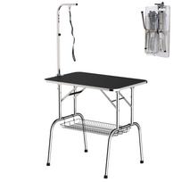 Kirpimo stalas šunims 90x60x75 cm, sulankstomas, su pasukamu laikikliu ir tinkline lentynėle, iki 150 kg, juodas