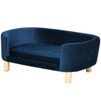 Sofa šunims ir katėms su atlošu ir porankiais, aksominė, su medinėmis kojelėmis, iki 10 kg, 86x55x33 cm, tamsiai mėlyna