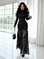 European and American new perspective mesh stitching semi-turtleneck sexy Spice Girl dress waist hip skirt women's clothing XL juoda