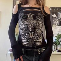 KOSY Goth Vintage Streetwear T-shirt Women Y2k E-girl Aesthetic Wing Cross Printed Long Sleeve Hollow Out Crop Tee Tops M juoda