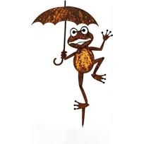 Rusty Metal Frog Garden Stake Iron Frog Holding an Umbrella Silhouette Stake Weather-Resistant Funny Frog Raising Its Foot  (11.8inch) brown