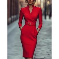HNXC Autumn/Winter Casual V-Neck Long Sleeve Knee-Length Dress with Belt and Pockets XXL red