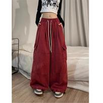 Y2K Fashion Drawstring Casual Baggy Cargo Jeans Pants Women Straight Wide Leg Sweatpants Trousers 3XL gray