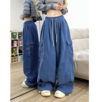 Y2K Fashion Drawstring Casual Baggy Cargo Jeans Pants Women Straight Wide Leg Sweatpants Trousers XS blue