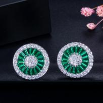 Stud Earrings, Small Round Ladder Square Zircon Densely Inlaid Exquisite Disc Earrings, Earrings. žalia