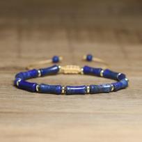 Blue Impression Jasper Tube Bead Bracelet – Gold Accent Adjustable Boho Jewelry, Protection Luck Gift for Women mėlyna