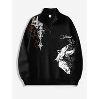Y2K Fashion Street Style Men'S Stand Up Collar Sweatshirt, Thorns Design Angel Print Sweatshirt M juoda