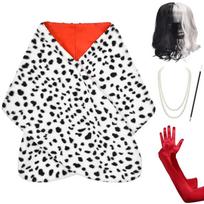 Helovino raganos ir Cruella dalmatinų kostiumas: Šalikas-apsiaustas, Perukas, Pirštinės, Karoliai ir Suknelė One Size black