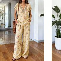 Y116 Summer Loose Top and Wide-Leg Pants Two-Piece Set Women's Fashion European and American Fashion Set XXL beige