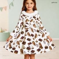 Girls High Neck Long Sleeve Frog Witch Print White A Line Flared Dress With Fur Trim Bow Waist 170 white