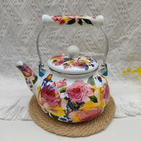 Chinese Style Enamel Teapot 2.5L Antiscald Handle Tea Jug Floral Enameled Pear-shaped Gas Water Kettle Gas Induction Cooker