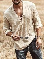 Men's Lace-Up V-Neck Shirt with 3/4 Sleeves and Relaxed Fit - Lightweight Textured Casual Top for Summer Beach Vacation and Everyday Wear XXL