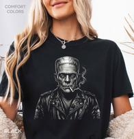 Smoking Frankenstein Shirt Retro Halloween Tee Comfort Colors 1717 T-shirt Cool Monster Biker Jacket Goth Grunge Clothes Funny Horror Gift 2XL brown