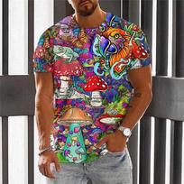 Trippy Mushroom Frog 3D Printed T-shirt, Colorful Graffiti Pattern Short Sleeve Casual Top, Fashion Streetwear Tee XS gray