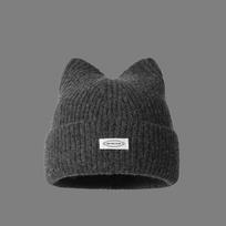 Women's Winter Cat Ear Beanie, Warm Plush Knit Hat with Letter Patch, Cute Casual Cold Weather Hat for Students, Couples & Outdoor Wear black