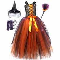 Orange Black Witch Gown Tutu Dress with Witch Hat Broom Kids Full Length Halloween Costume Girls Carnival Party Disguise Outfit S(2-3T) red