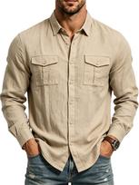 Men's Textured Long Sleeve Button-Down Shirt with Dual Flap Chest Pockets - Casual Relaxed Fit Top for Everyday Wear and Vacation. XXL beige
