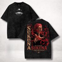 Jujutsu Kaisen Anime T-Shirt Ryomen Sukuna King of Curses Short Sleeve Graphic Print Four Eyes Double Pupils Vintage Washed L black