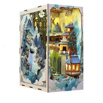 Retro DIY Wooden Book Nook Shelf Insert Miniatures Kits Chinese Penglai Wonderland Bookshelf Home Bookend Decor Handmade Gifts
