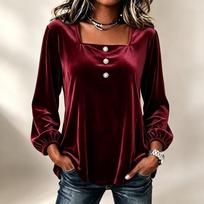 Women's Fashion Square Neck Velvet Long Sleeve Loose Fit Blouse XXL