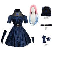 Mizi Cosplay Anime Alien Stage Costume Wig Dark Blue Dress Pink Blue Long Hair Gloves Stockings Belt Set Uniform for Christmas XXL&Mizi