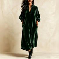 Women's Velvet V-Neck Sleeve Long Dress for Casual Everyday Wear M tamsiai žalia spalva