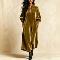 Women's Velvet V-Neck Sleeve Long Dress for Casual Everyday Wear XL bronza