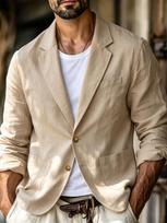 Men's Lightweight Textured Blazer with Notched Lapel and Patch Pockets - Casual Single-Breasted Jacket for Summer Vacation and Everyday Wear. US XXL 90-100 KG chaki