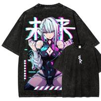 2026 Summer Cyberpunk Edgerunners Lucy Future Washed T-shirt Anime Harajuku Streetwear Oversized Tee Y2K Retro Tops M white