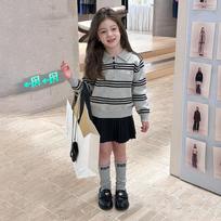 Kids Vintage College Style Contrast Stripe Polo Collar Knit Sweater Top 110cm pilka