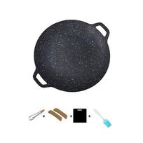 30/32/34/36/38cm Korean BBQ Grill Pan Round Shape Heat-resistant Holder Smokeless Griddle Pan Wooden Handle Teppanyaki Pan black
