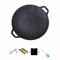30/32/34/36/38cm Korean BBQ Grill Pan Round Shape Heat-resistant Holder Smokeless Griddle Pan Wooden Handle Teppanyaki Pan gray