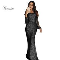 Casual Tassel Dress Women Prom Sleeves Sheath Slim Fit V Neck Solid Color Evening Gown Sequin Fishtail Hem Cocktail Party Maxi L juoda