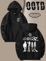 Men's Gorillaz Logo Print Hoodie - Double-Sided Iconic Characters - Loose Fit K S black