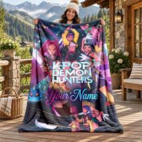 Kpop demon hunters Custom Name Flannel Blanket Personalized Soft Warm Plush Throw Blanket Customized Gift for Family Friends 80cmx120cm