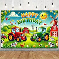 Vibrant Farm Tractor Barn Themed Banner Decoration Background Children's Birthday Party Home Decoration Photography Background 59×39inch/150*100cm blue