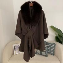 Womens Oversized Knit Cape With Real Fox Fur Collar V-Neck Sleeveless Wool Blend Coat Plus Size Winter Outerwear Deep Plum black
