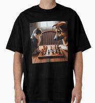 A dog and a cat are playing chess. T-Shirt S brown