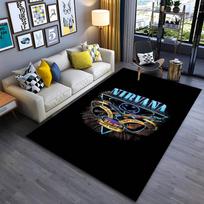 Rock Music Area Rug, Nirvana Guitars Banner Drum Blue Logo Smiley Black Print, Grunge Music Decor, Non-Slip Mat 230x160cm( 90x62in )