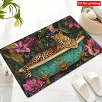 Vintage Leopard in Tub Doormat Tropical Floral Background Print Non Slip Floor Mat for Artistic Home 40X60CM black